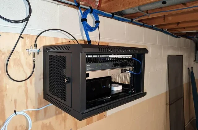 Small-network-rack-mounted-on-a-wooden-wall-panel